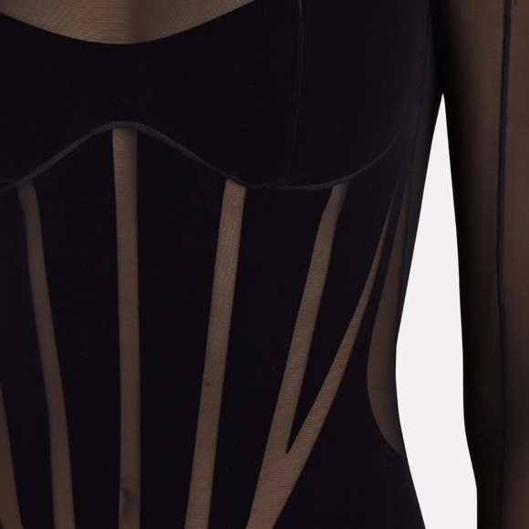 MUGLER X WOLFORD Semi Sheer Corset Paneled Black Mini Dress NWT Flocked - Picture 3 of 5